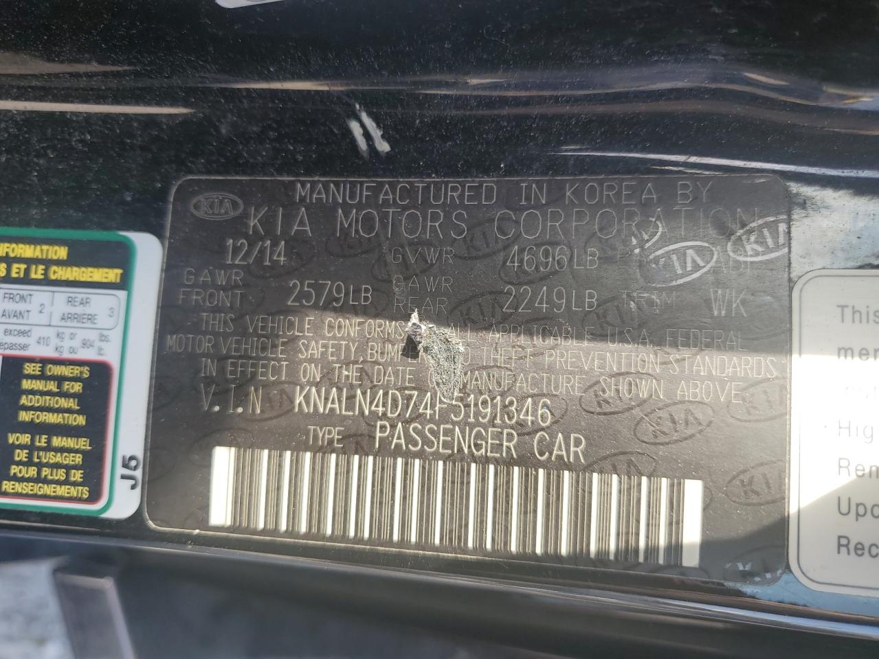 KNALN4D74F5191346 2015 Kia Cadenza Premium