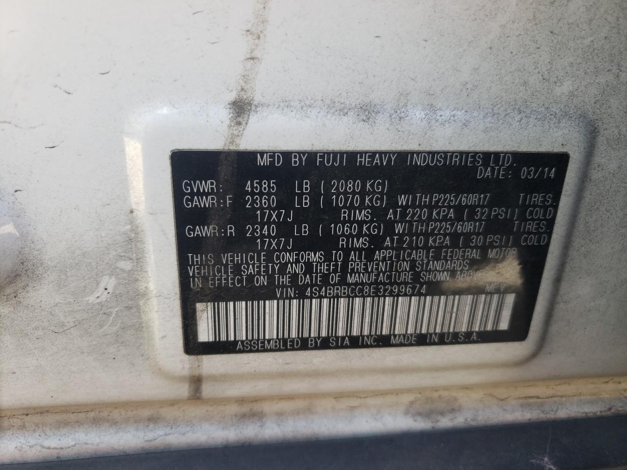 4S4BRBCC8E3299674 2014 Subaru Outback 2.5I Premium