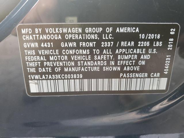 2019 Volkswagen Passat Wolfsburg VIN: 1VWLA7A33KC003839 Lot: 56427374