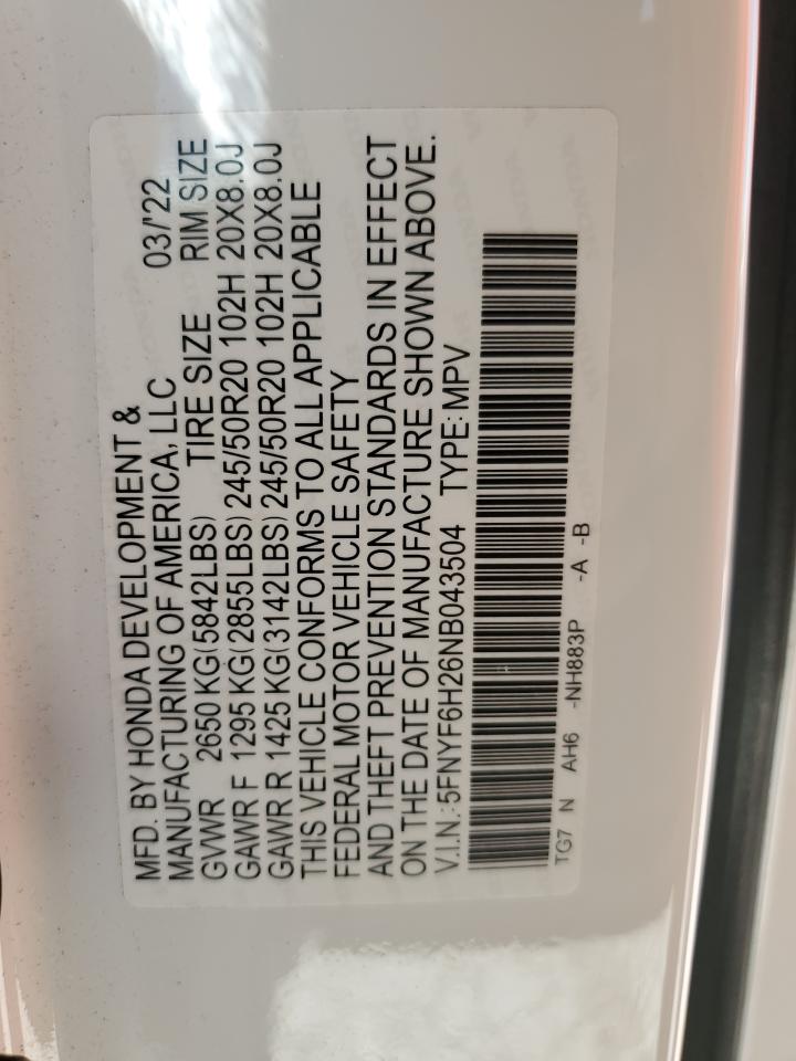 5FNYF6H26NB043504 2022 Honda Pilot Se