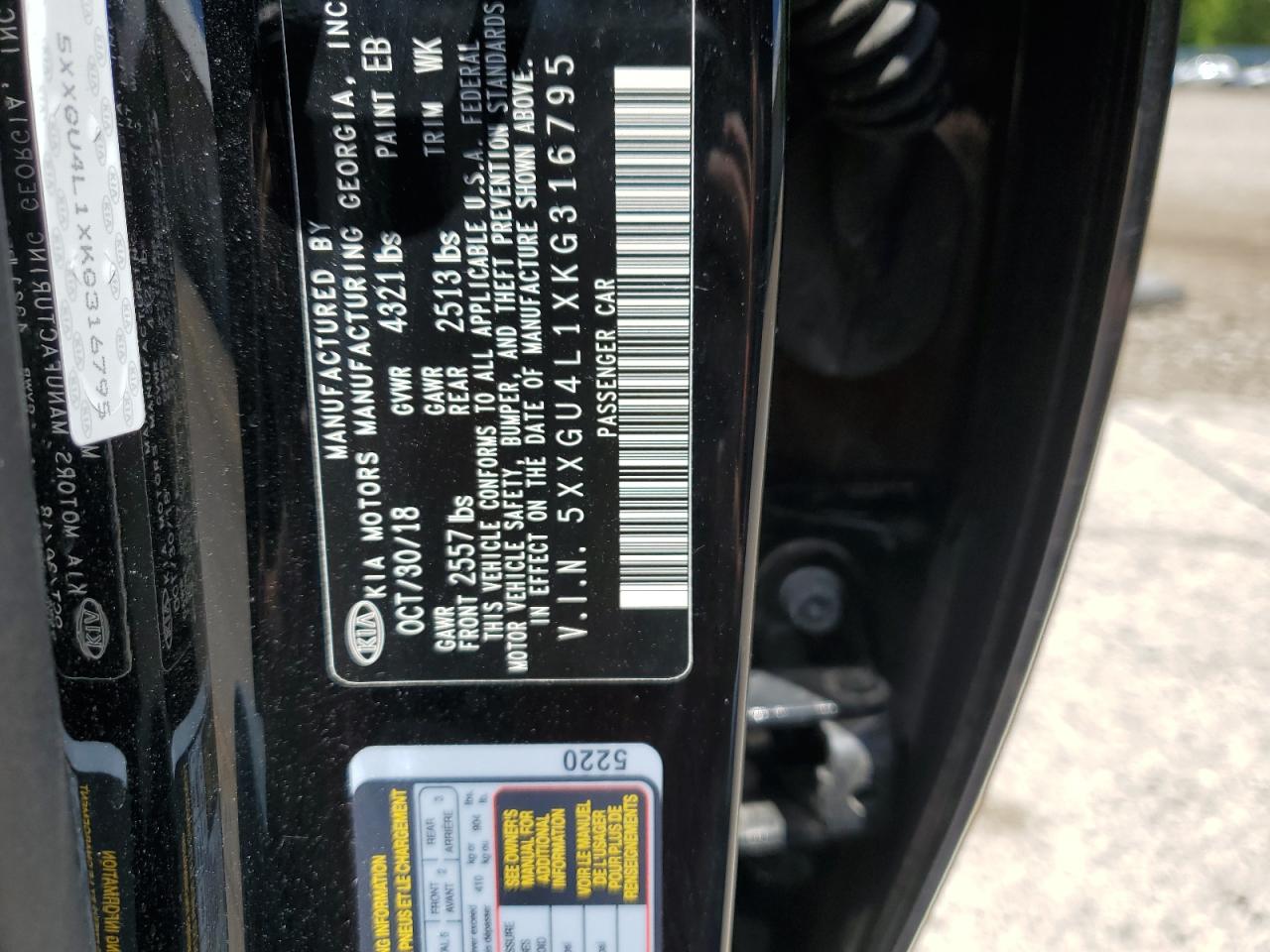 5XXGU4L1XKG316795 2019 Kia Optima Ex