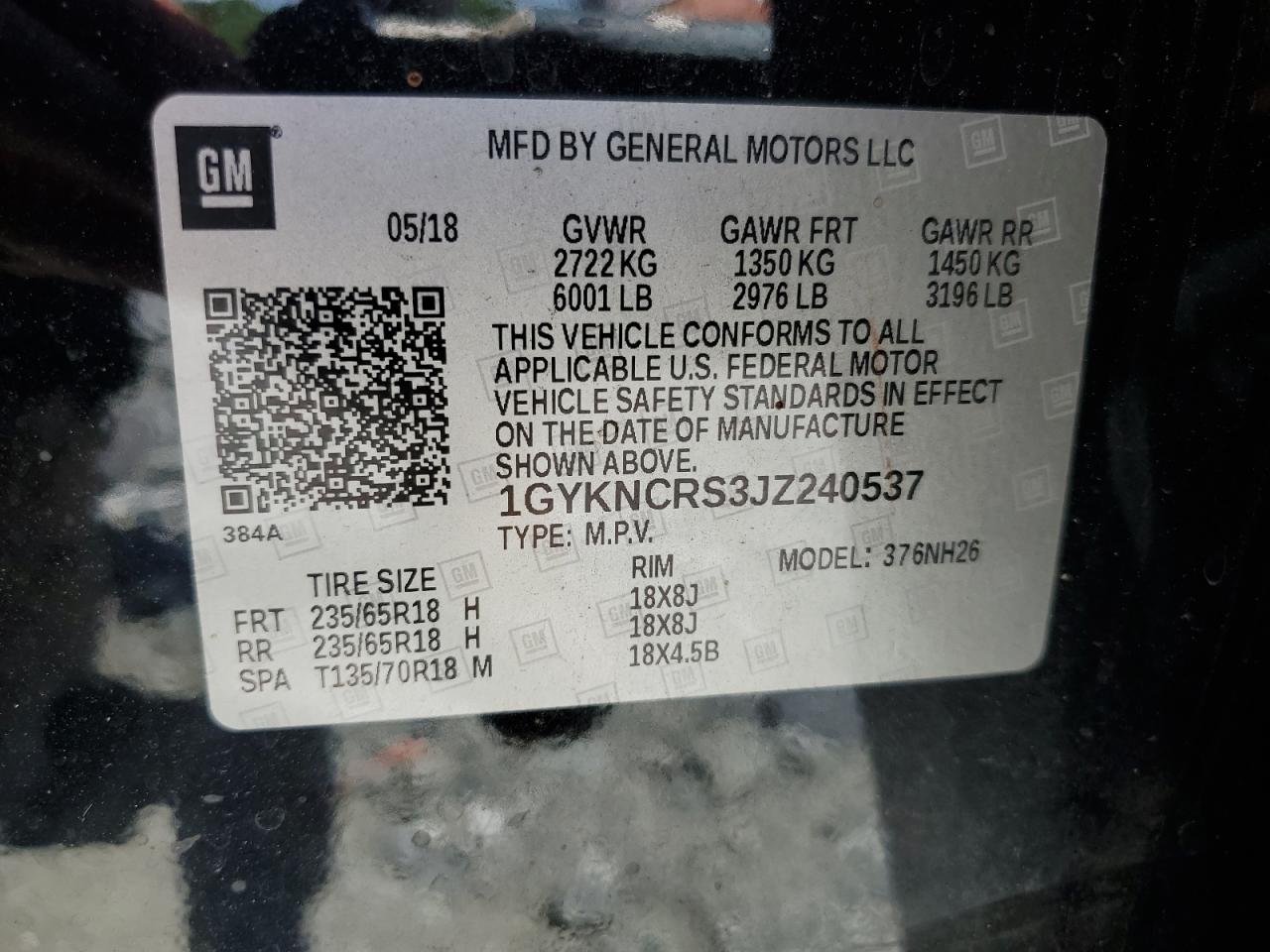 1GYKNCRS3JZ240537 2018 Cadillac Xt5 Luxury