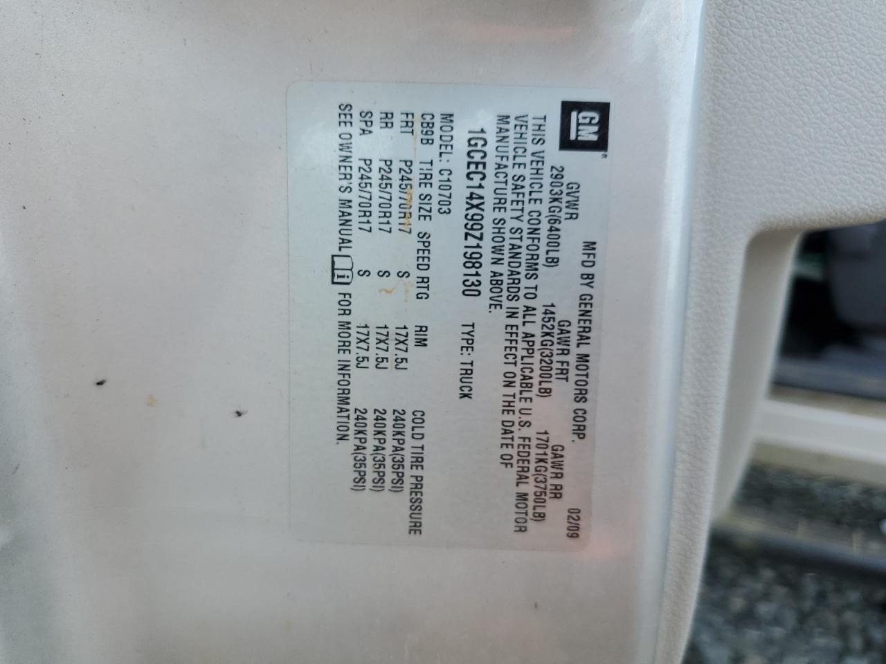 1GCEC14X99Z198130 2009 Chevrolet Silverado C1500