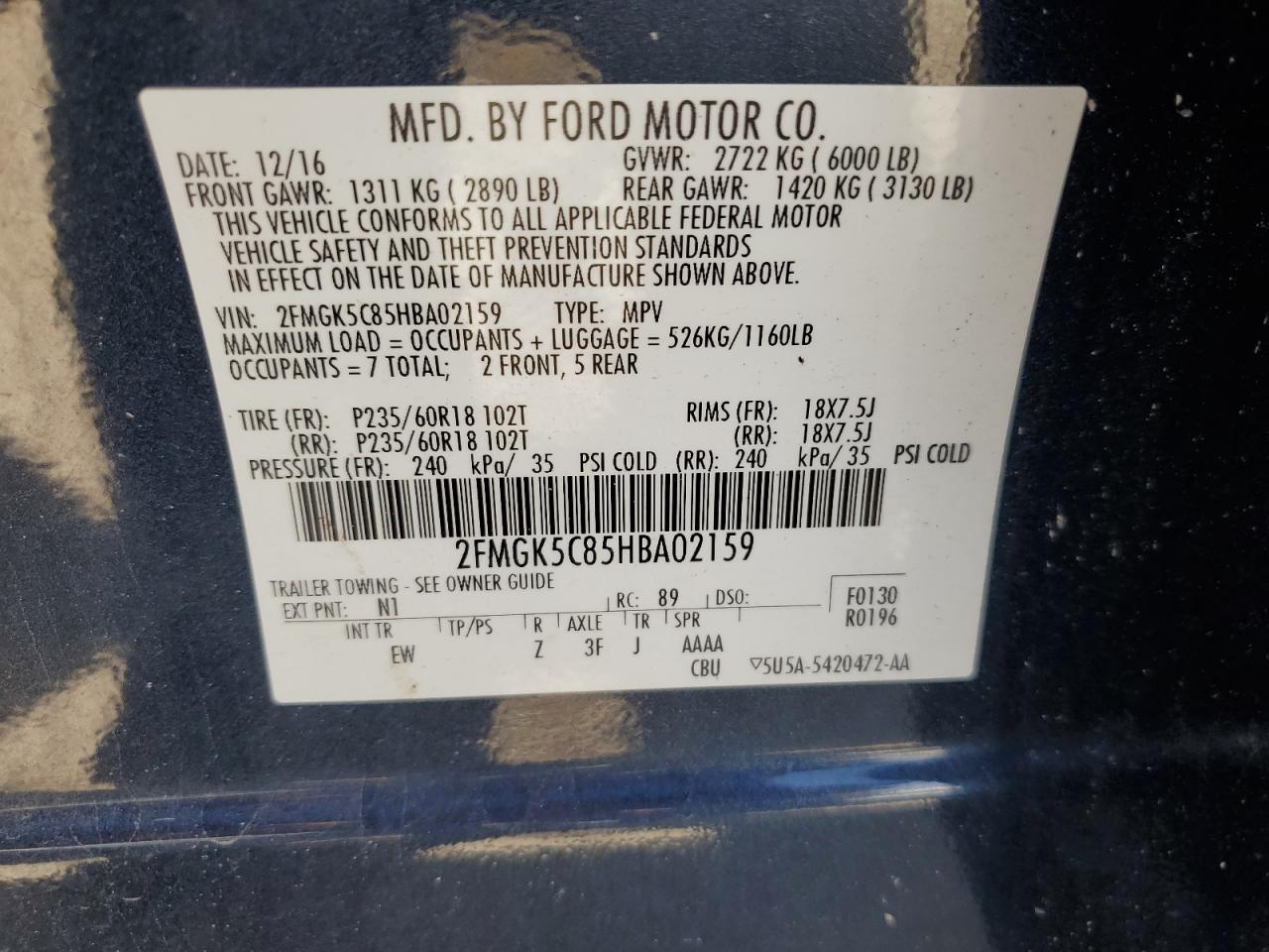 2FMGK5C85HBA02159 2017 Ford Flex Sel