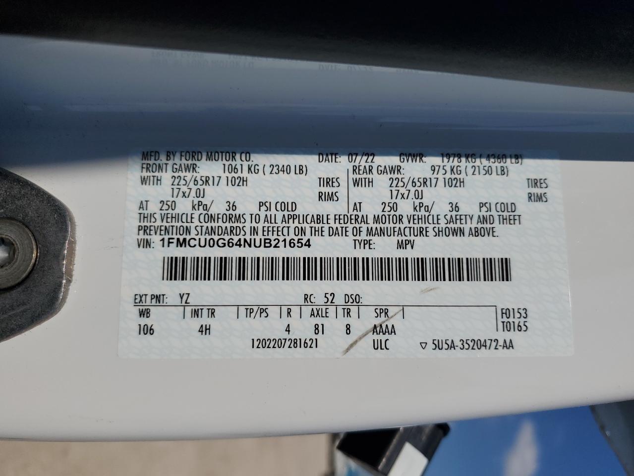 1FMCU0G64NUB21654 2022 Ford Escape Se