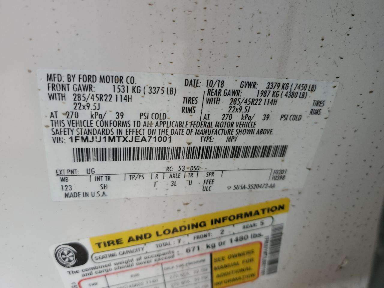 1FMJU1MTXJEA71001 2018 Ford Expedition Platinum