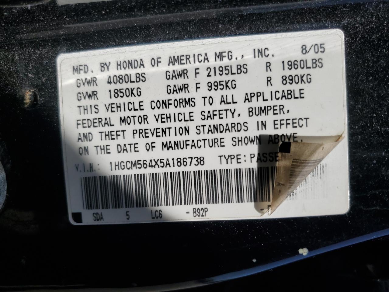 1HGCM564X5A186738 2005 Honda Accord Lx