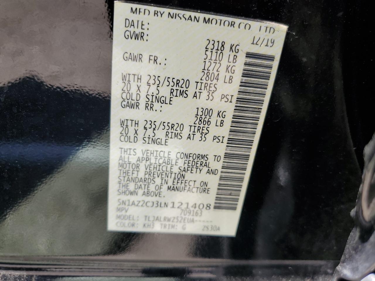 5N1AZ2CJ3LN121408 2020 Nissan Murano Sl