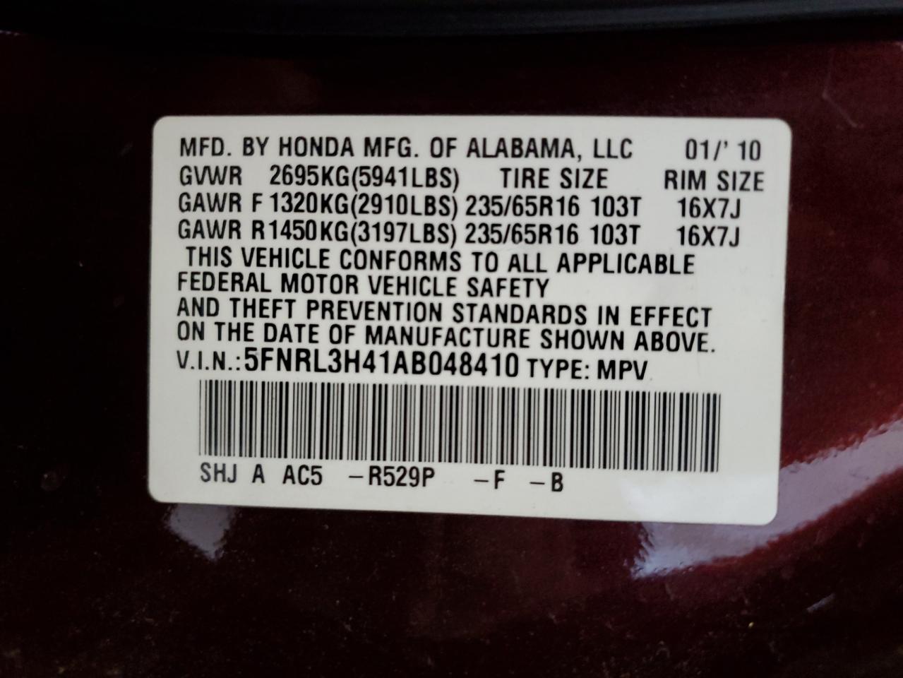 5FNRL3H41AB048410 2010 Honda Odyssey Ex