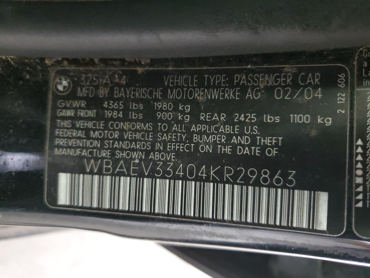 WBAEV33404KR29863 2004 BMW 325 I