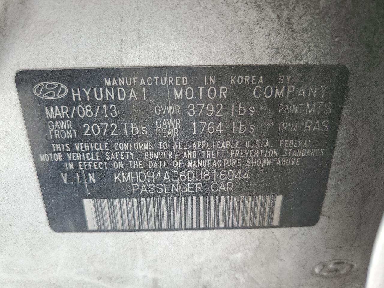 KMHDH4AE6DU816944 2013 Hyundai Elantra Gls