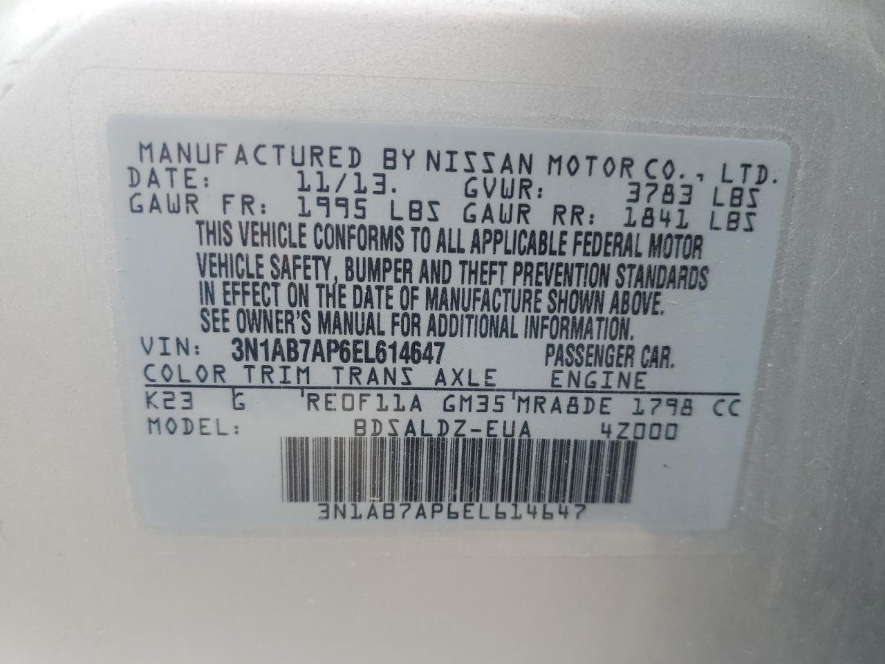 3N1AB7AP6EL614647 2014 Nissan Sentra S