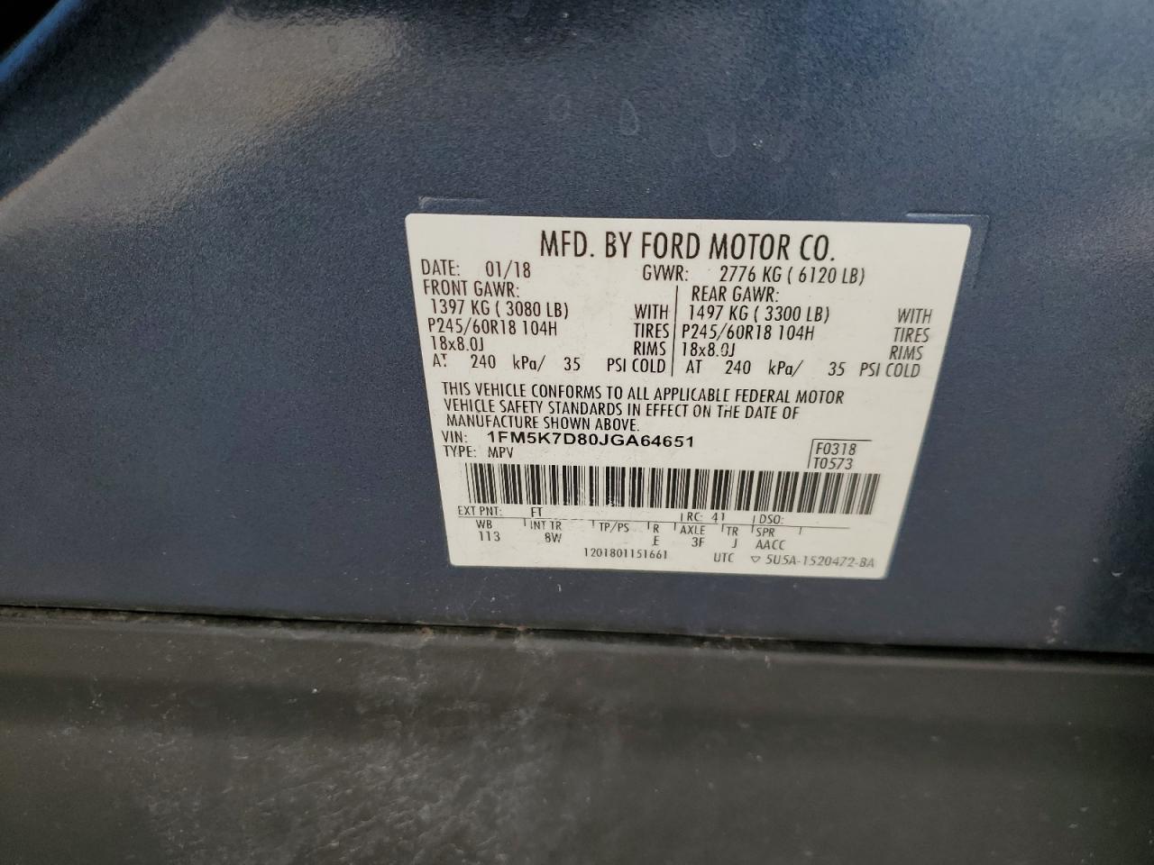 1FM5K7D80JGA64651 2018 Ford Explorer Xlt