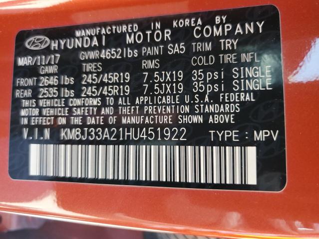 2017 Hyundai Tucson Limited VIN: KM8J33A21HU451922 Lot: 58888374