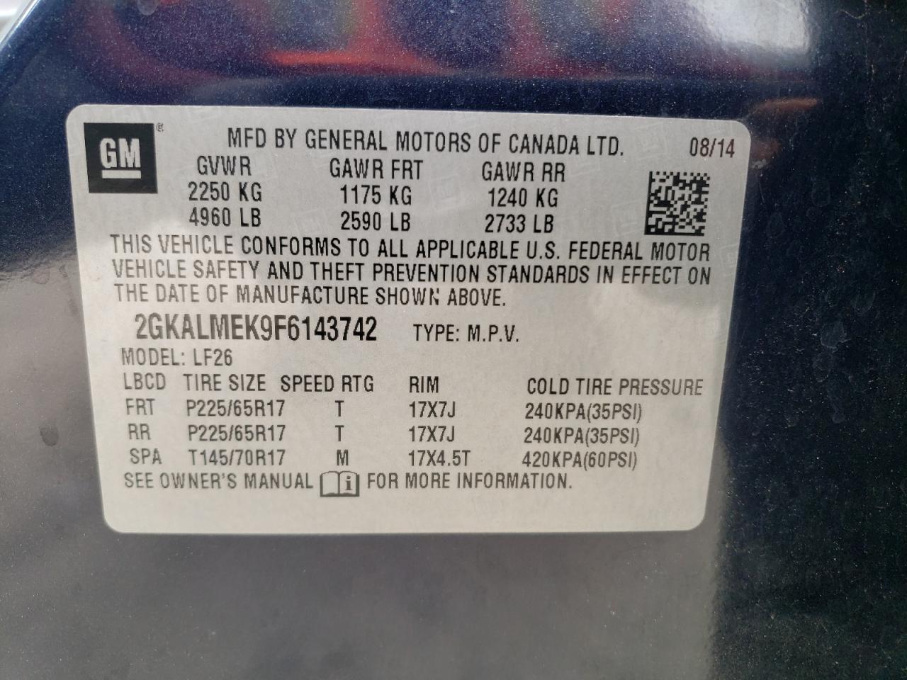 2GKALMEK9F6143742 2015 GMC Terrain Sle
