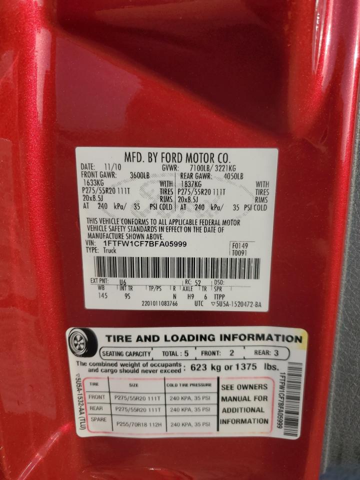 1FTFW1CF7BFA05999 2011 Ford F150 Supercrew