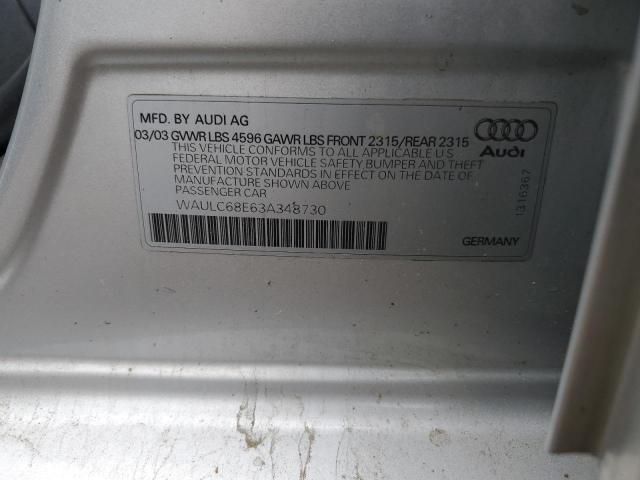 2003 Audi A4 1.8T Quattro VIN: WAULC68E63A348730 Lot: 59975864