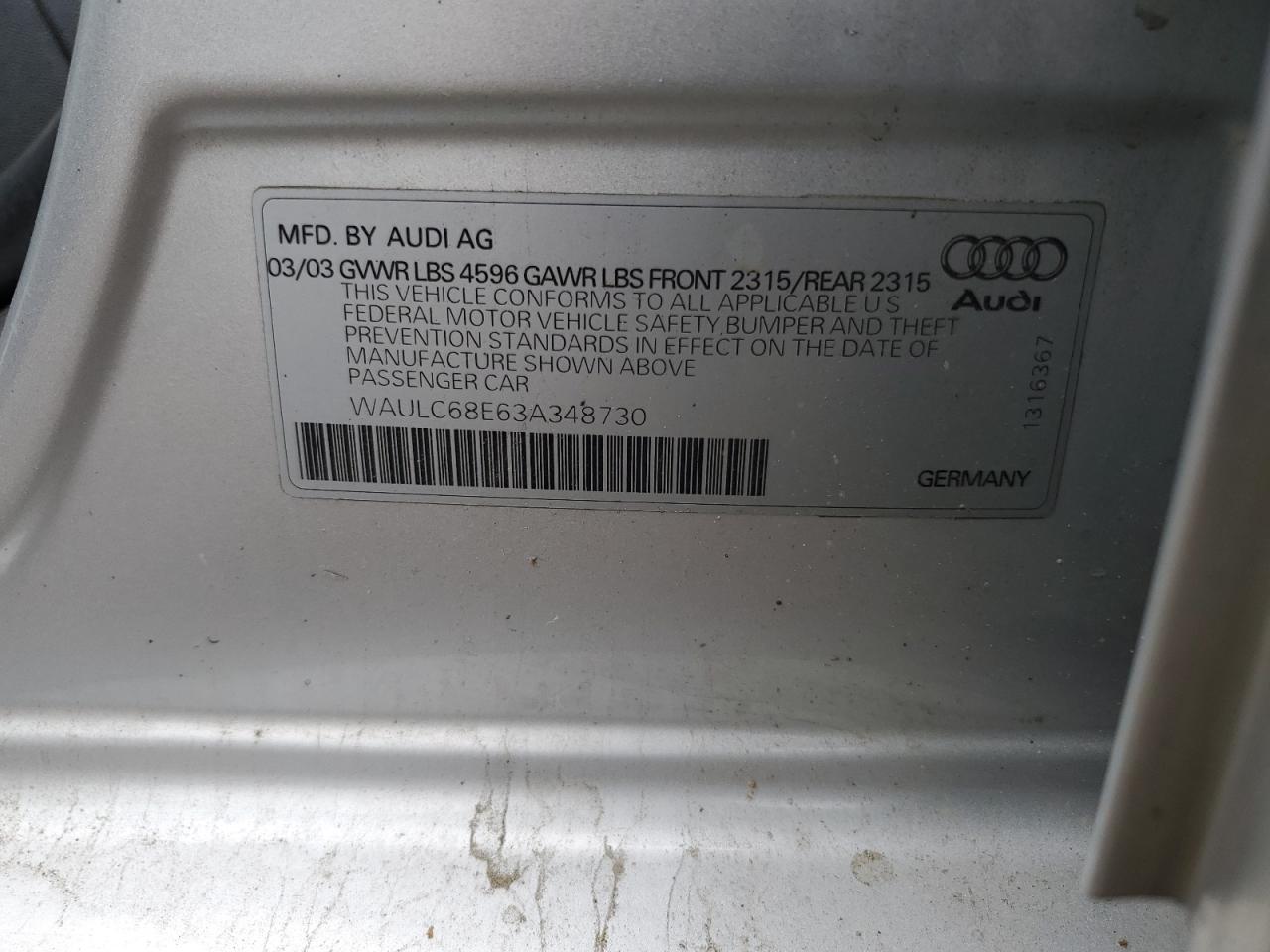 WAULC68E63A348730 2003 Audi A4 1.8T Quattro