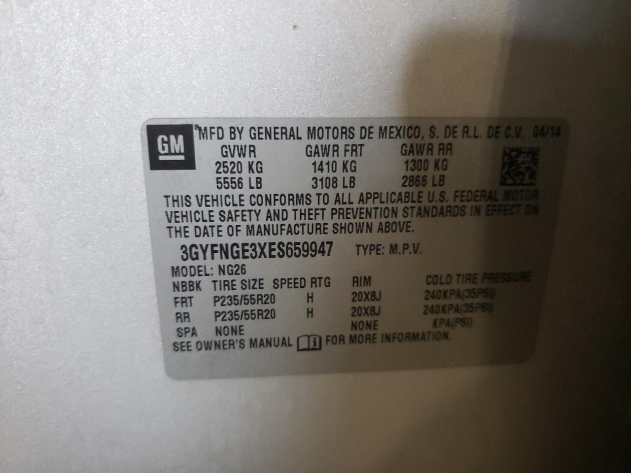 3GYFNGE3XES659947 2014 Cadillac Srx Premium Collection