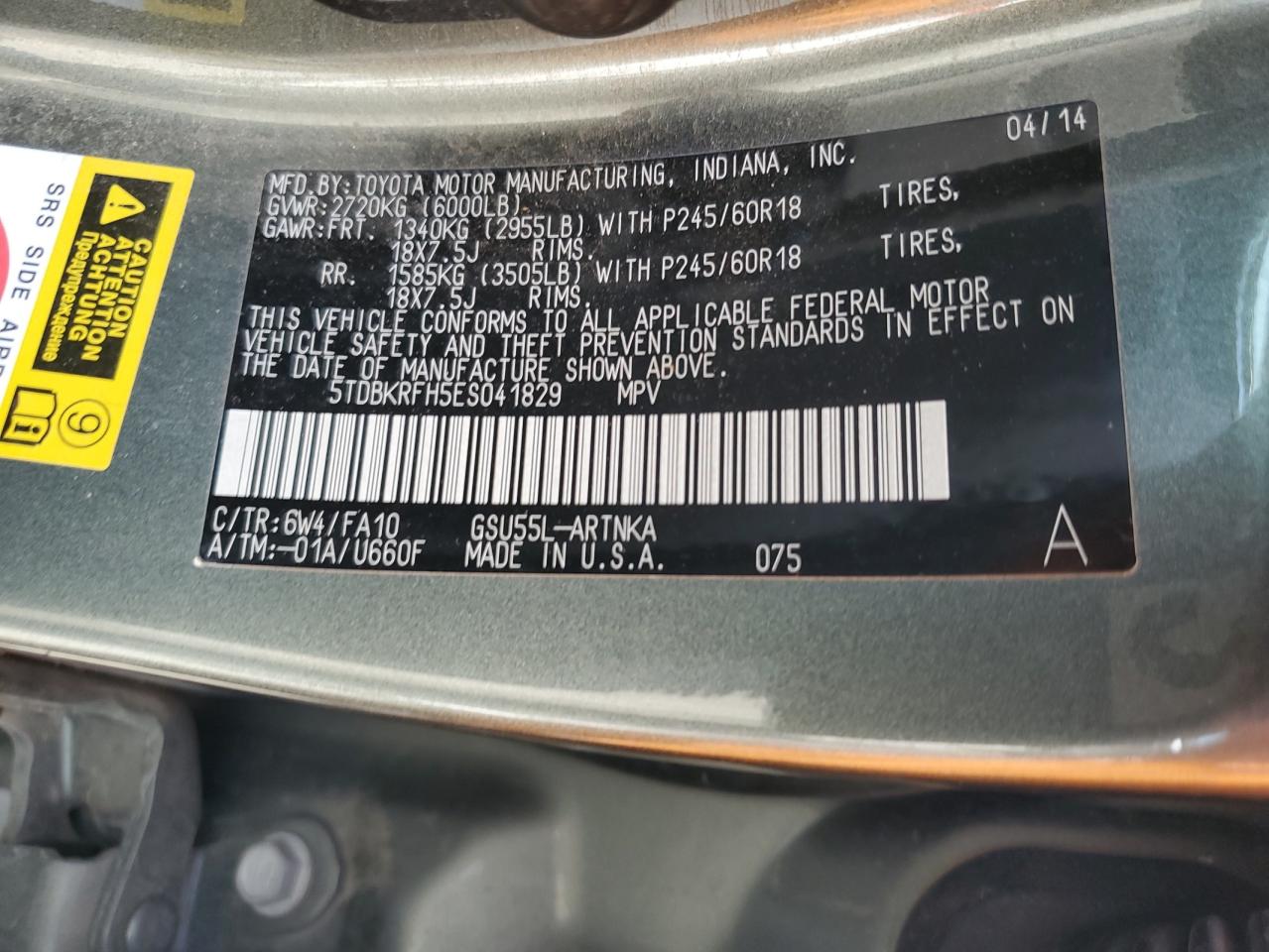 5TDBKRFH5ES041829 2014 Toyota Highlander Le