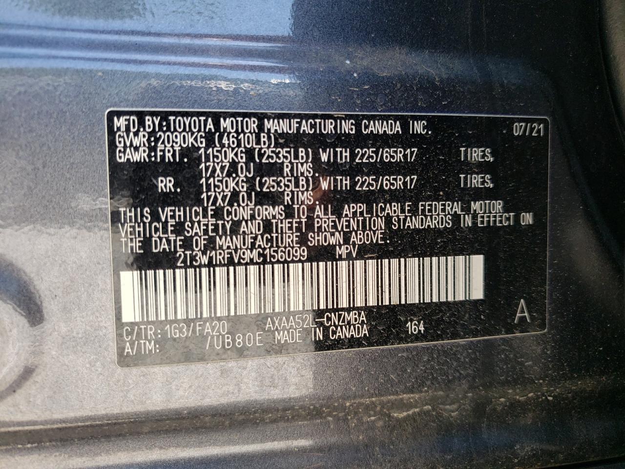 2T3W1RFV9MC156099 2021 Toyota Rav4 Xle