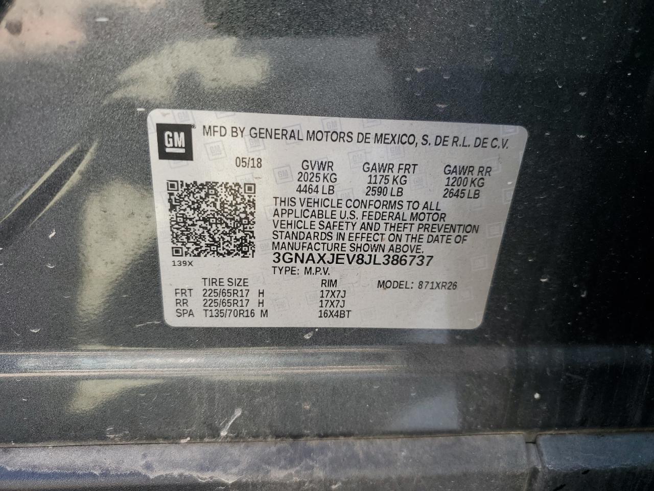 3GNAXJEV8JL386737 2018 Chevrolet Equinox Lt