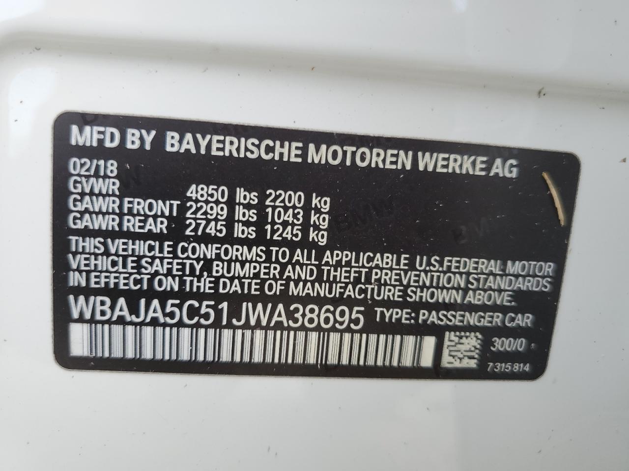 WBAJA5C51JWA38695 2018 BMW 530 I