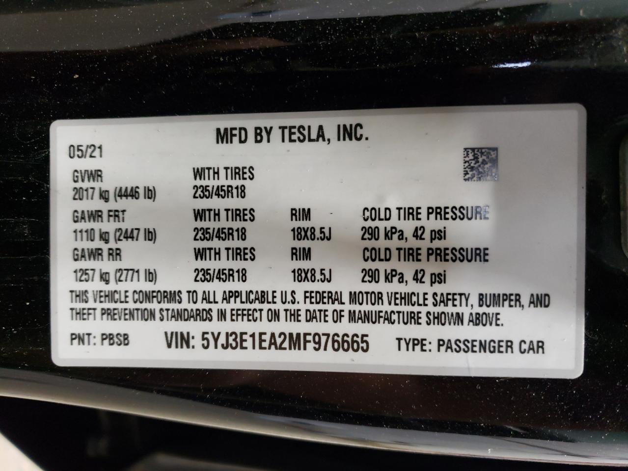 5YJ3E1EA2MF976665 2021 Tesla Model 3