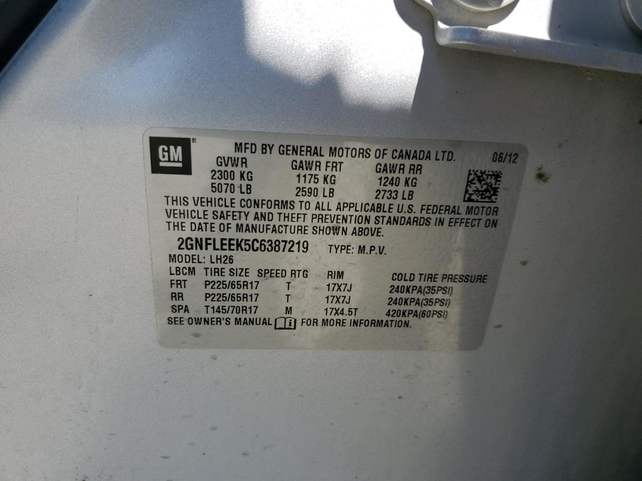 2GNFLEEK5C6387219 2012 Chevrolet Equinox Lt