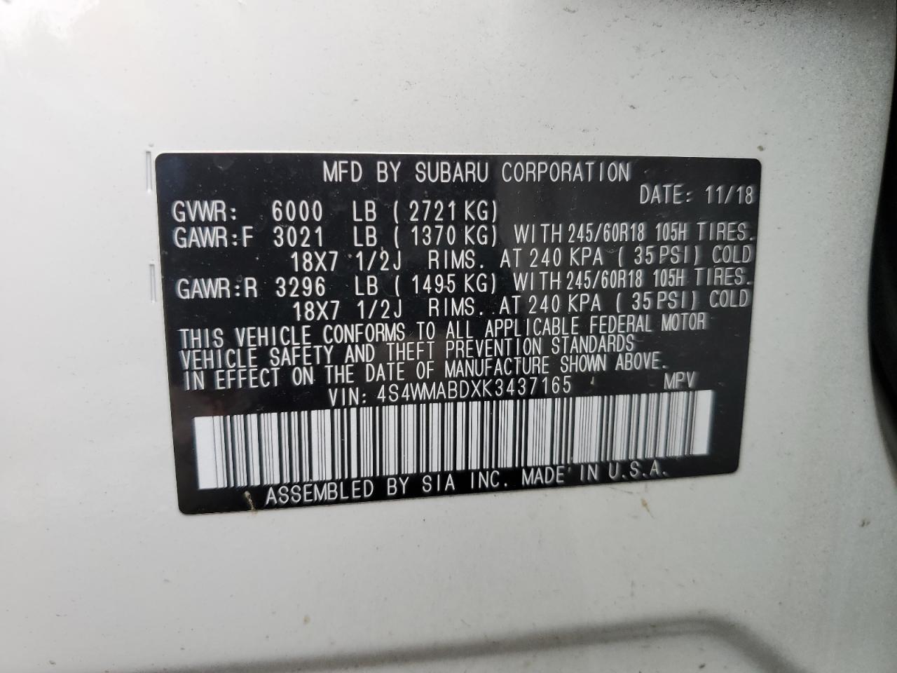 4S4WMABDXK3437165 2019 Subaru Ascent Premium