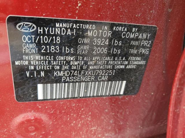 2019 Hyundai Elantra Se VIN: KMHD74LFXKU792251 Lot: 56799724