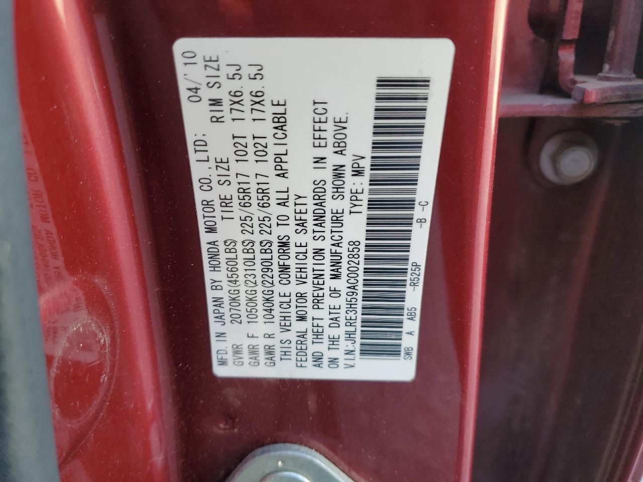 JHLRE3H59AC002858 2010 Honda Cr-V Ex