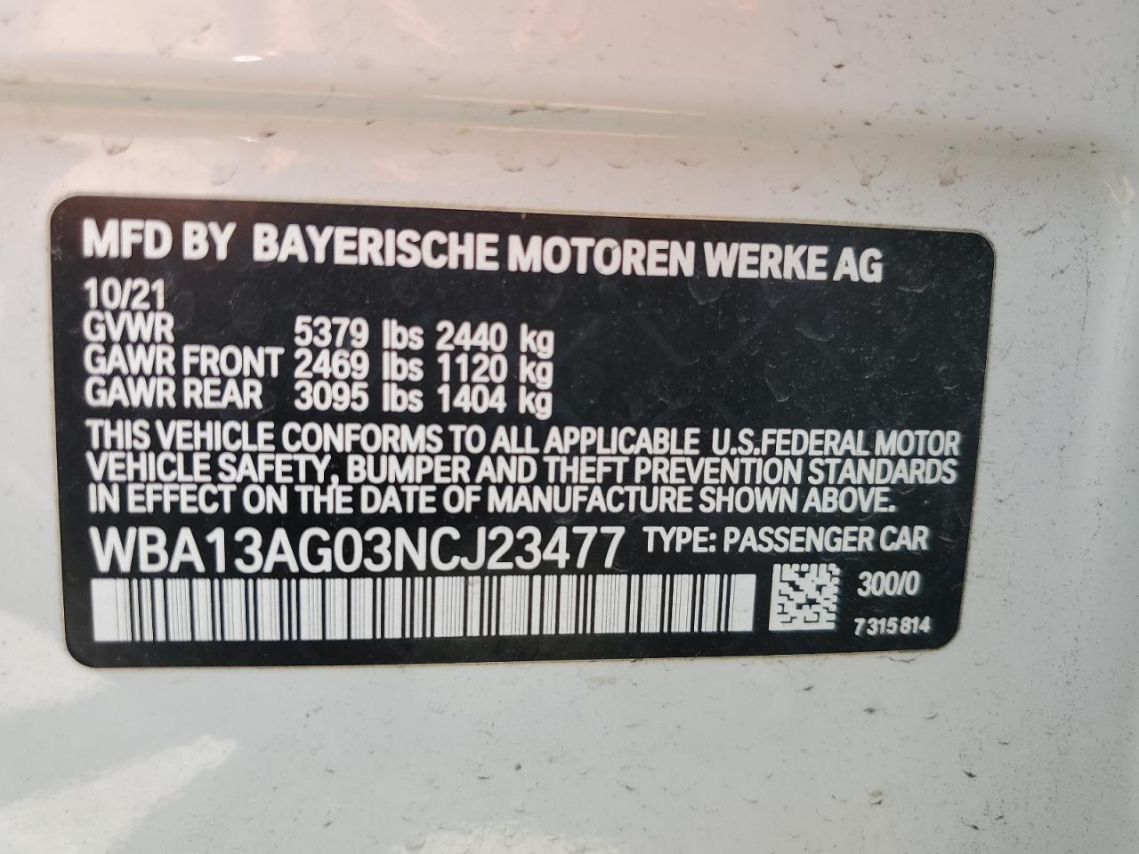 WBA13AG03NCJ23477 2022 BMW 530E