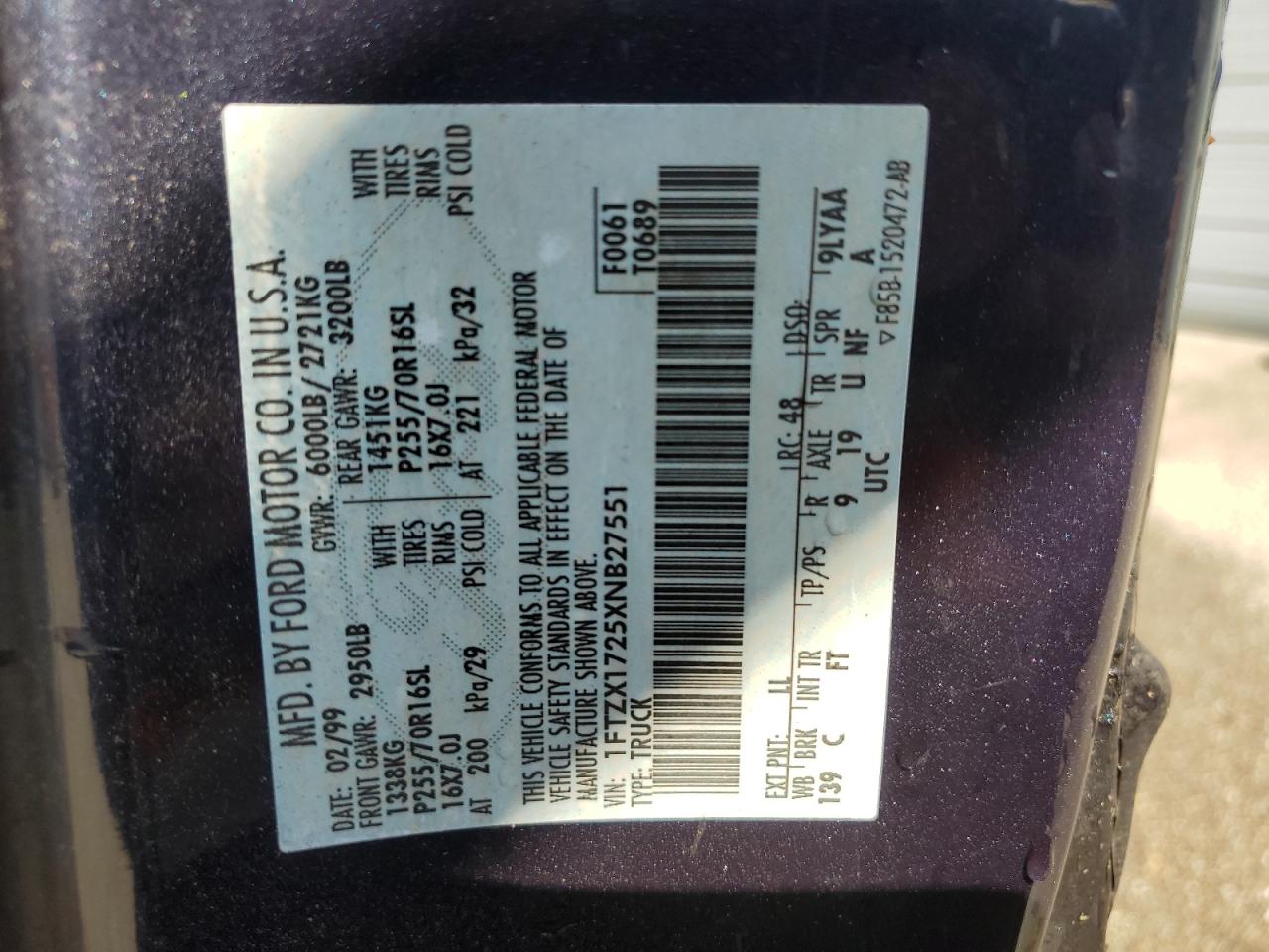1FTZX1725XNB27551 1999 Ford F150