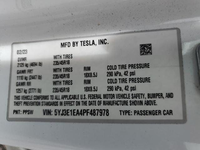 2023 Tesla Model 3 VIN: 5YJ3E1EA4PF487978 Lot: 60593094