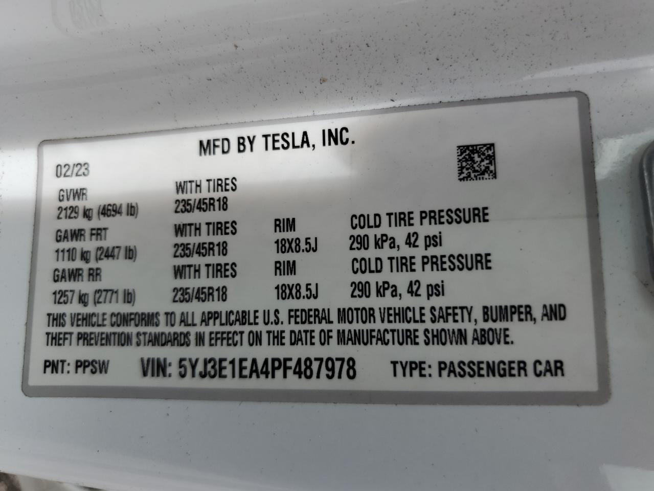 5YJ3E1EA4PF487978 2023 Tesla Model 3