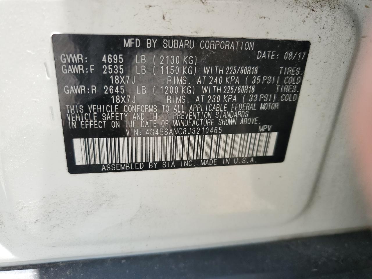 4S4BSANC8J3210465 2018 Subaru Outback 2.5I Limited