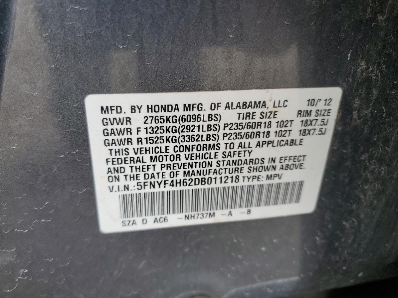 5FNYF4H62DB011218 2013 Honda Pilot Exl