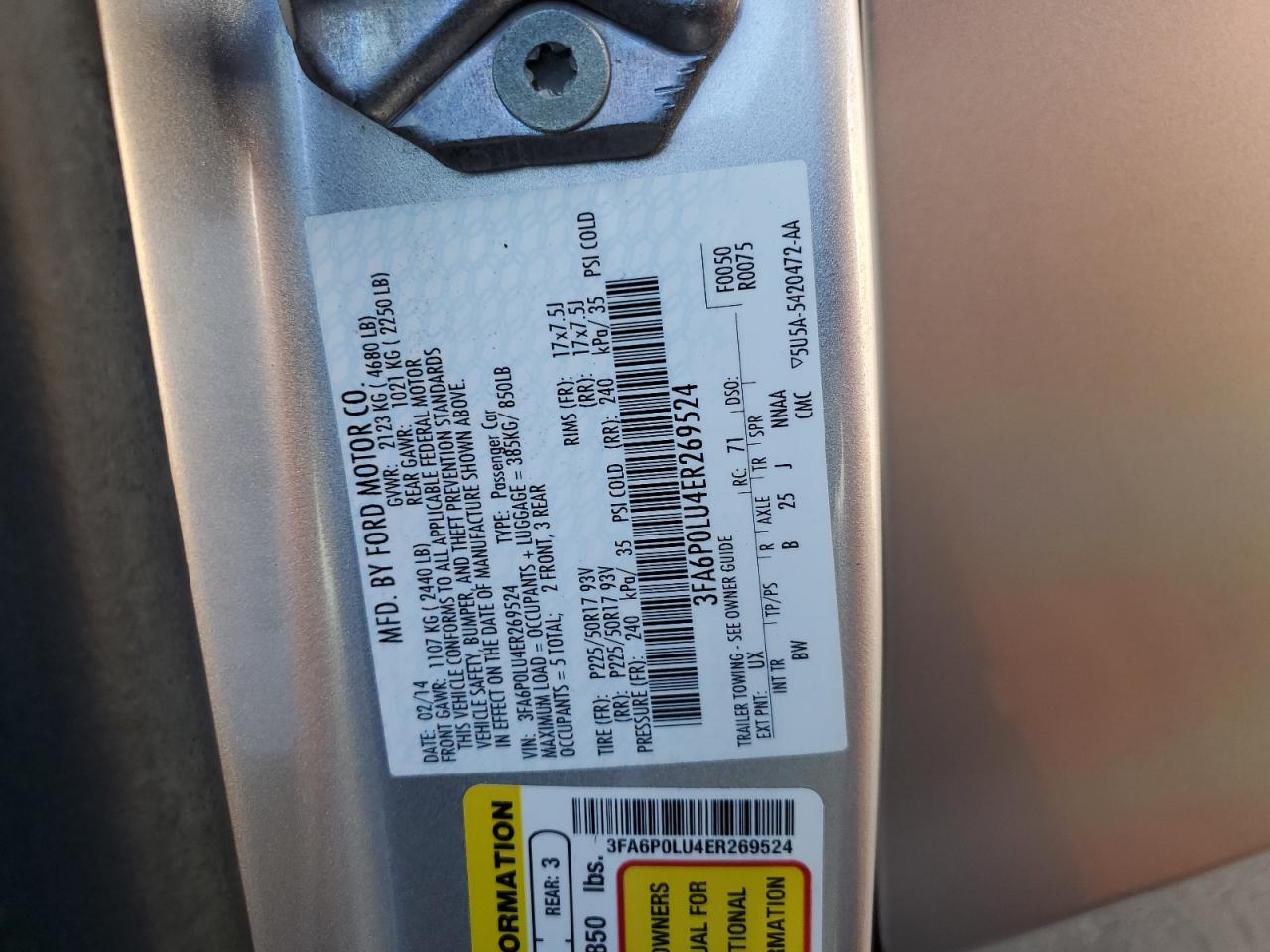 2014 Ford Fusion Se Hybrid vin: 3FA6P0LU4ER269524