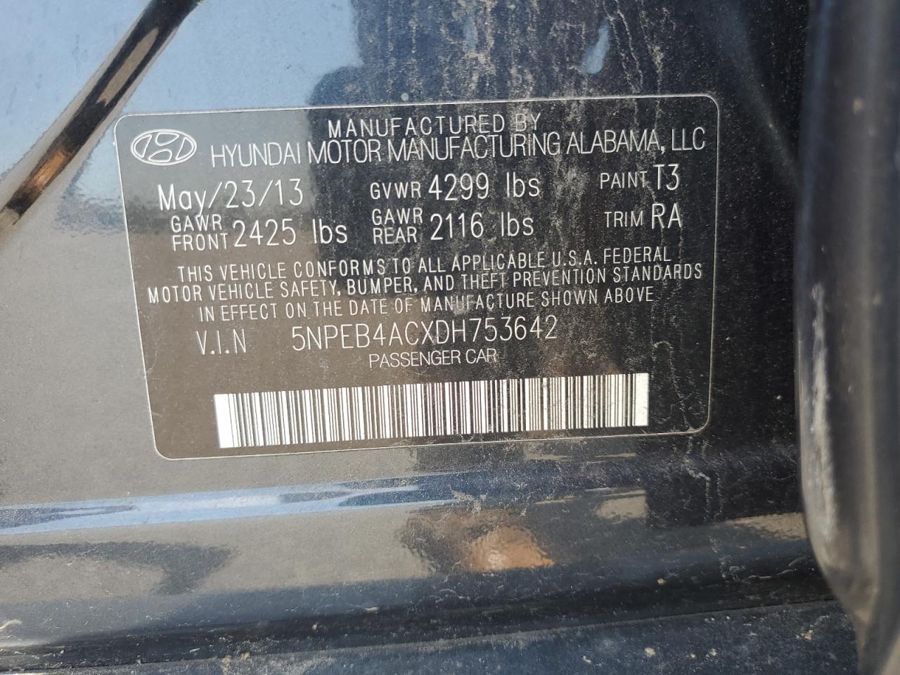 5NPEB4ACXDH753642 2013 Hyundai Sonata Gls