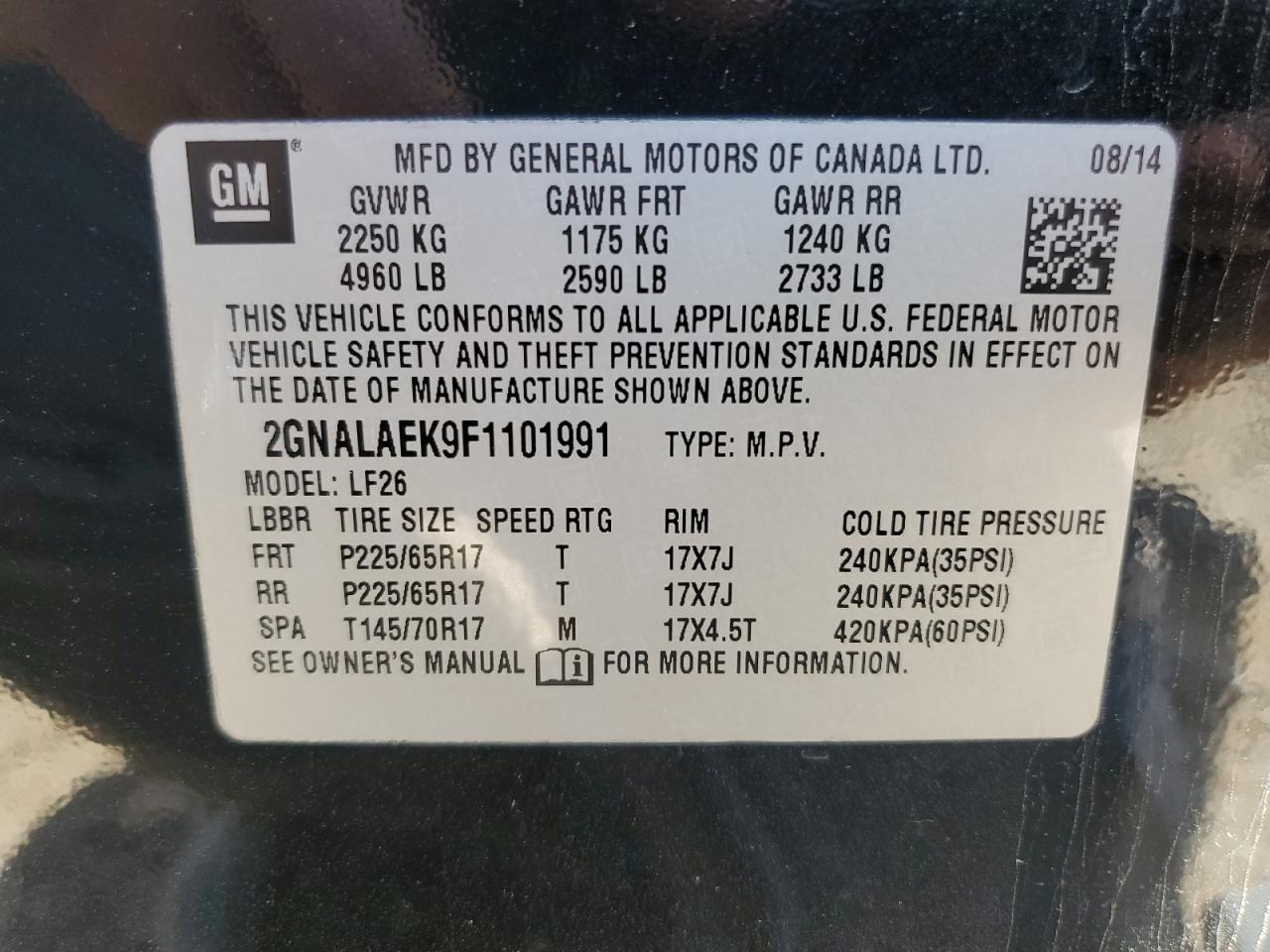 2GNALAEK9F1101991 2015 Chevrolet Equinox Ls