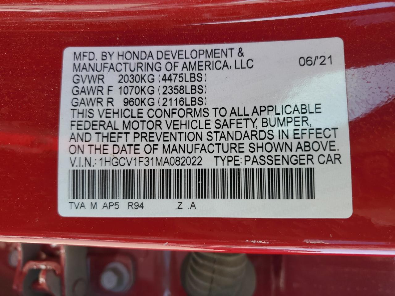 1HGCV1F31MA082022 2021 Honda Accord Sport