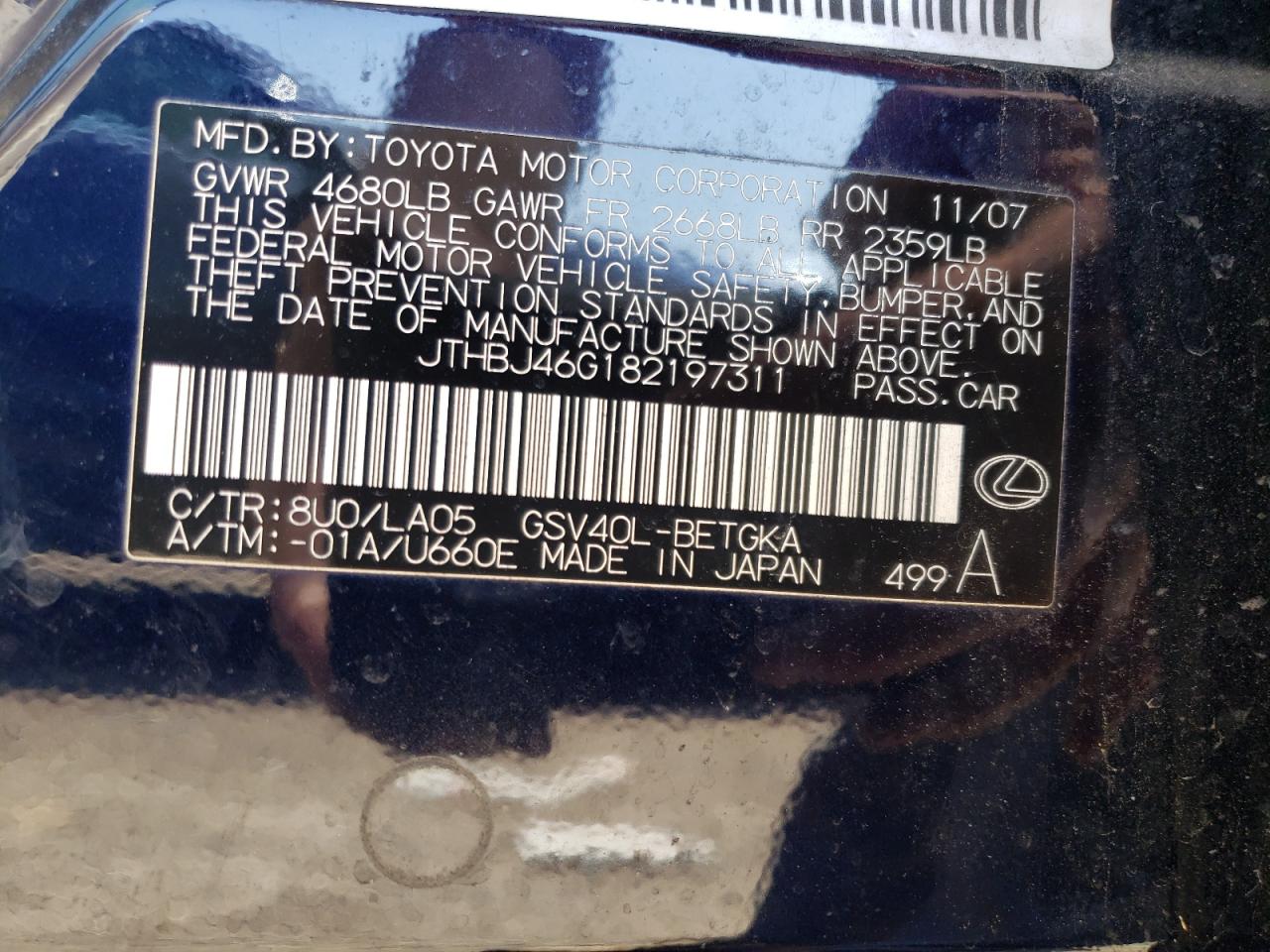 JTHBJ46G182197311 2008 Lexus Es 350