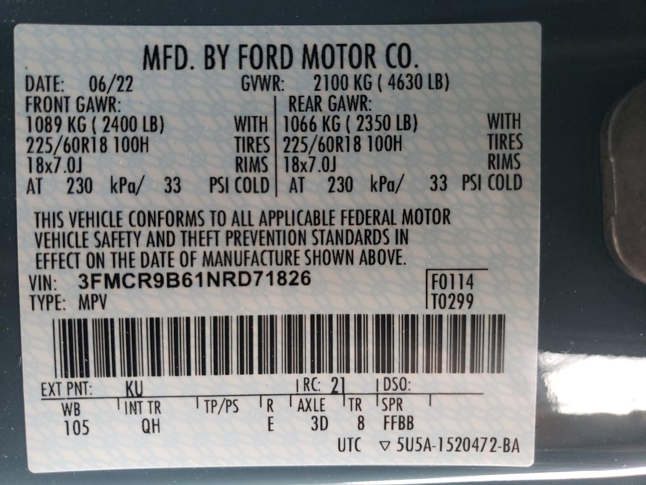 3FMCR9B61NRD71826 2022 Ford Bronco Sport Big Bend