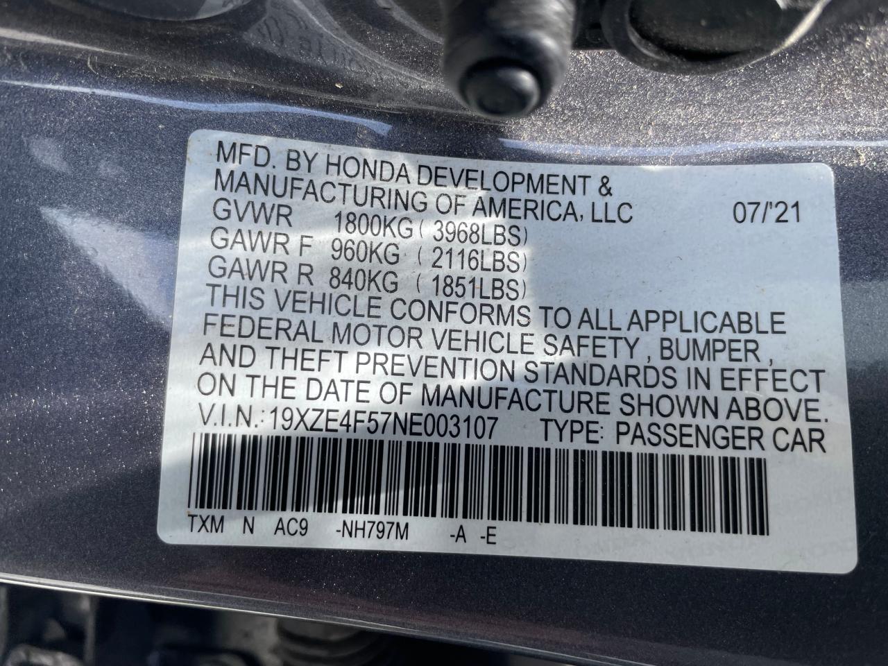 19XZE4F57NE003107 2022 Honda Insight Ex