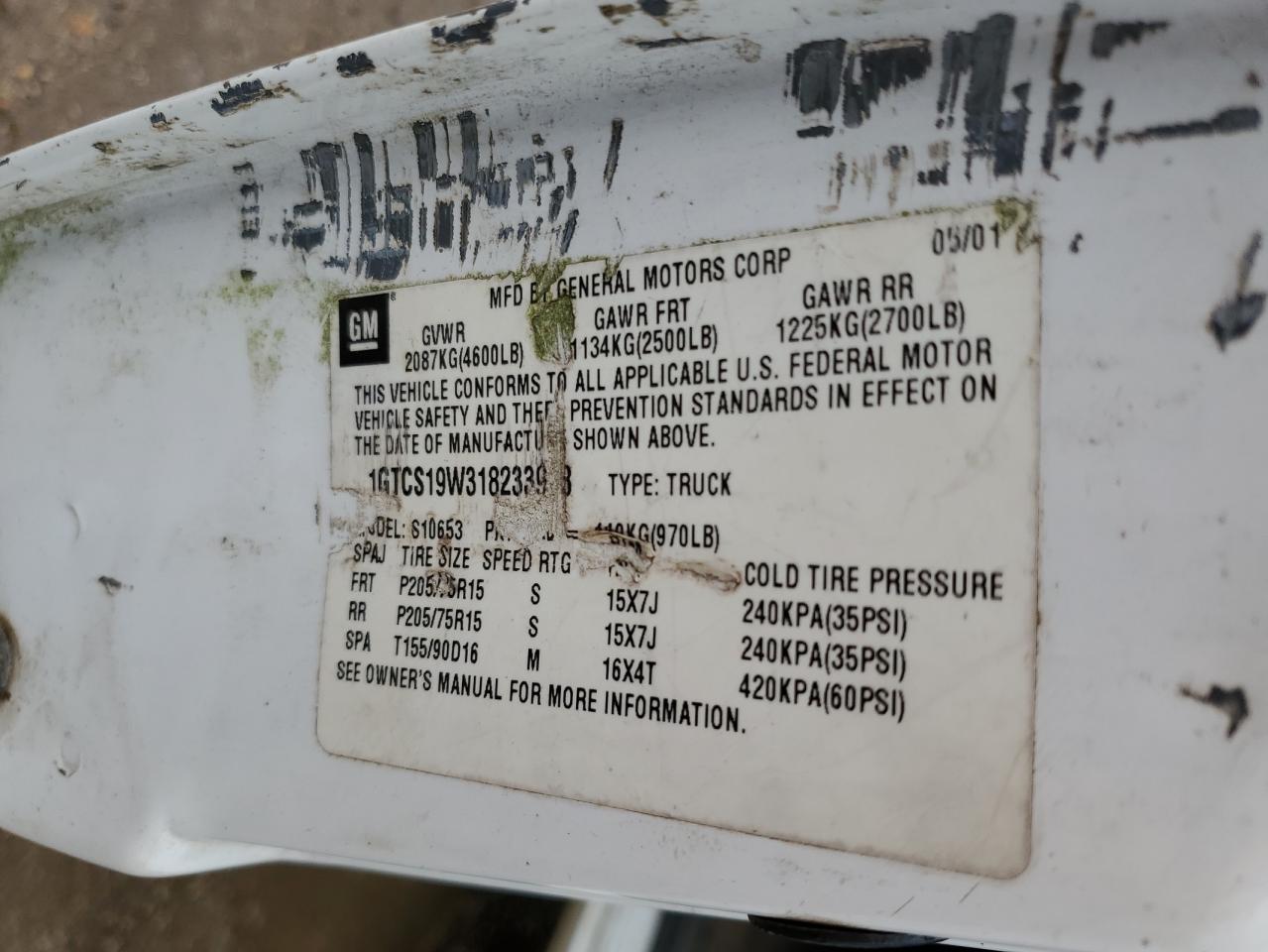 1GTCS19W318233958 2001 GMC Sonoma