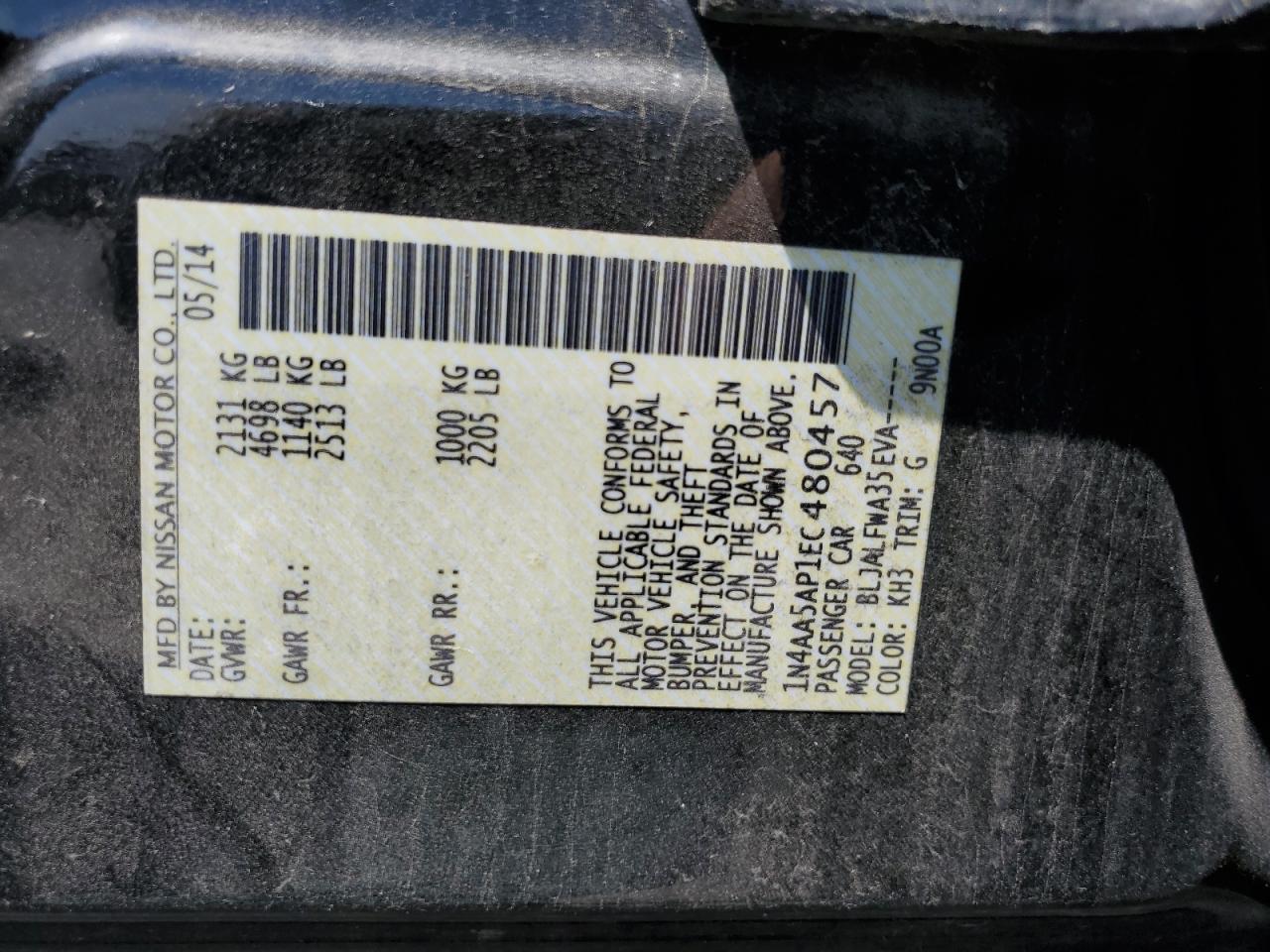 1N4AA5AP1EC480457 2014 Nissan Maxima S