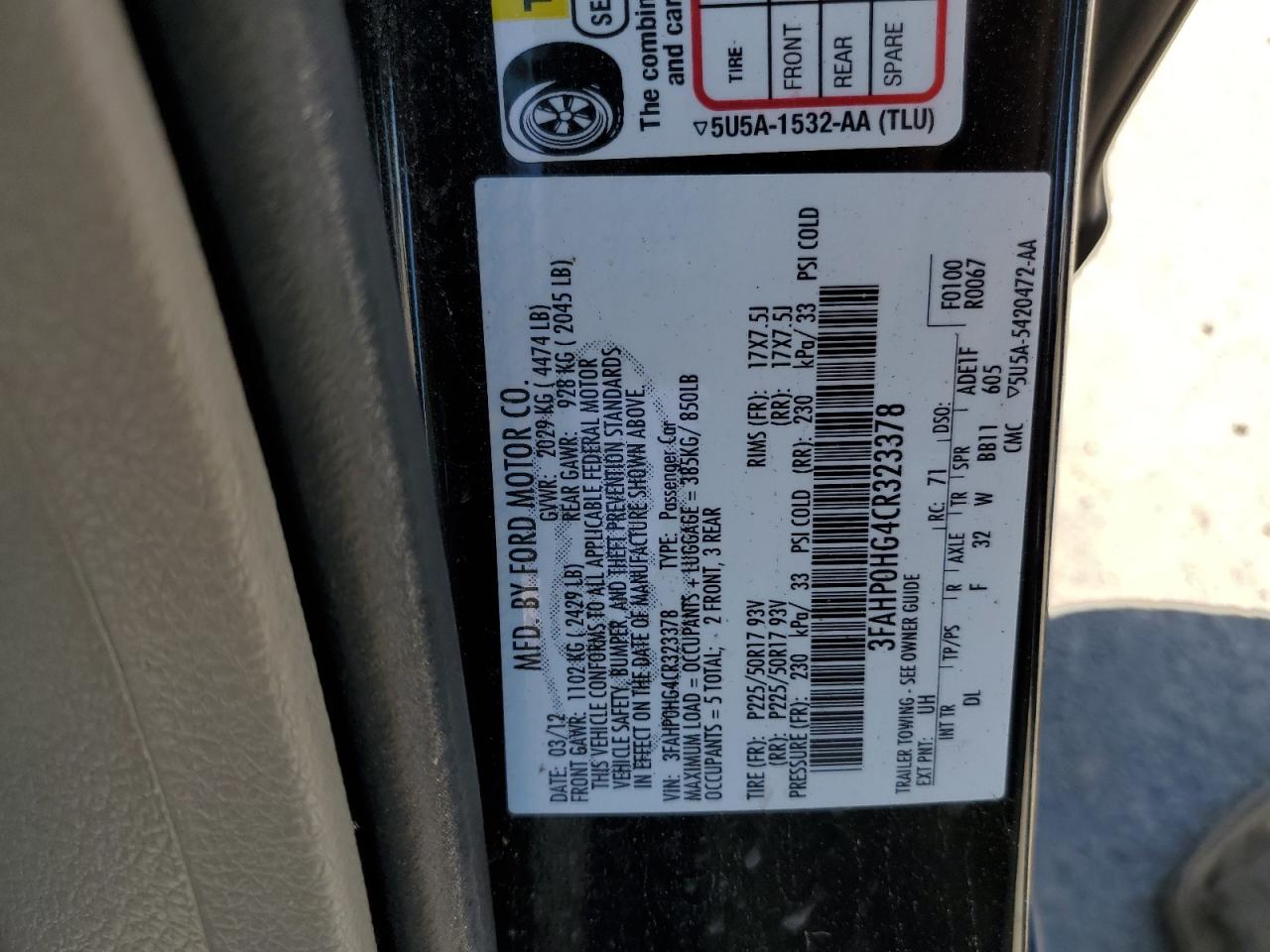 3FAHP0HG4CR323378 2012 Ford Fusion Se