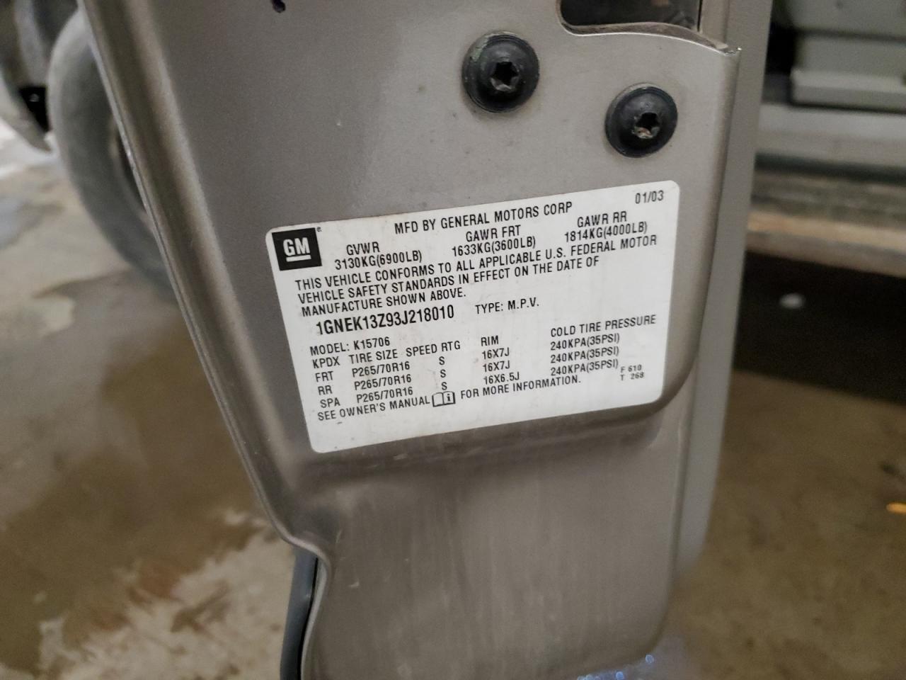 1GNEK13Z93J218010 2003 Chevrolet Tahoe K1500