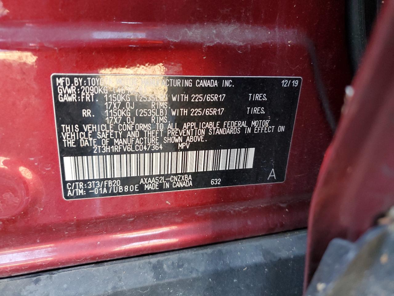 2T3H1RFV6LC047364 2020 Toyota Rav4 Le